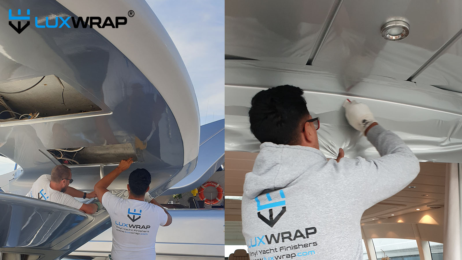 Superman helps wrap yacht superstructure with cherry picker support