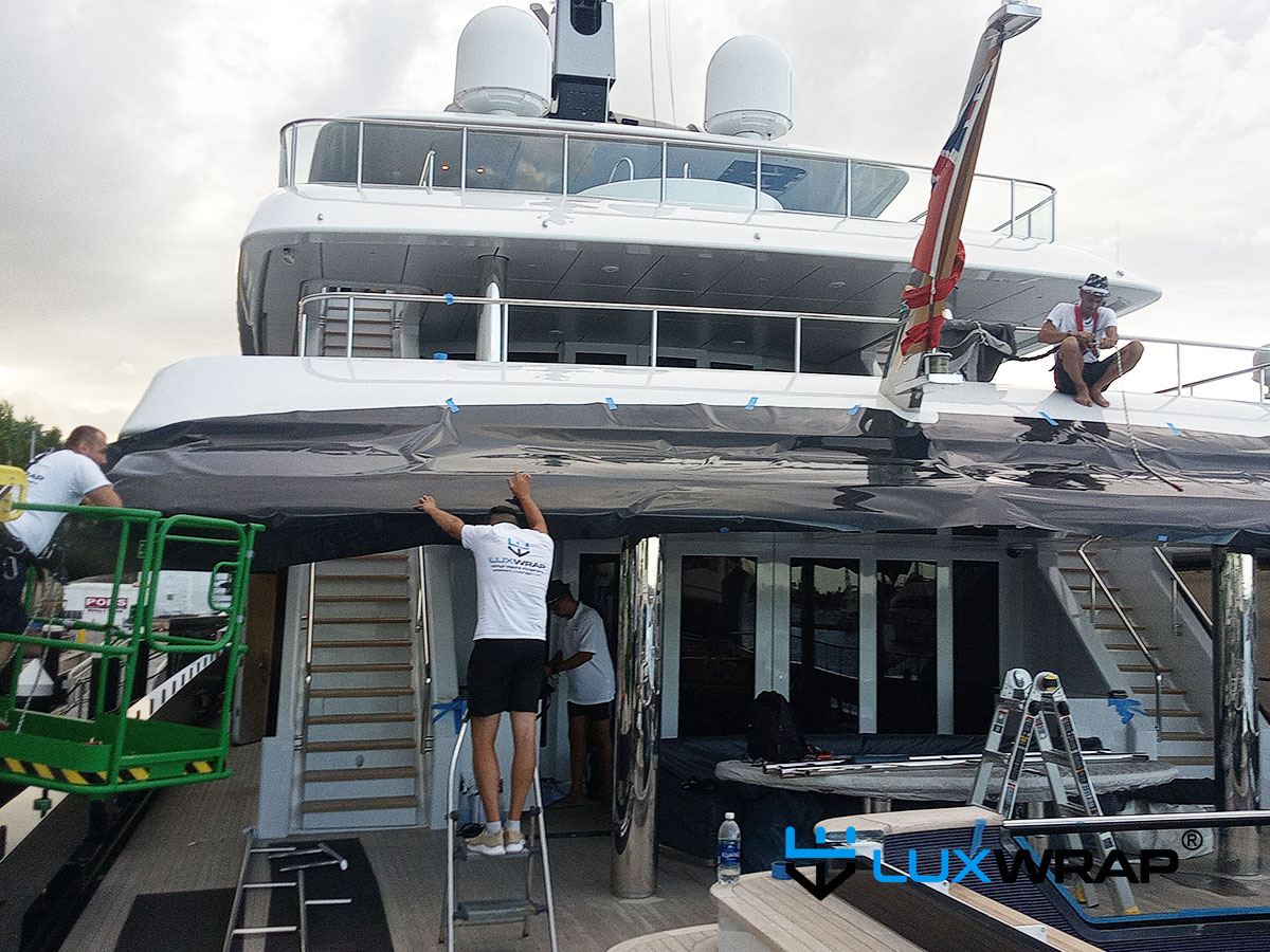 Completed smaller yacht superstructure wrap — clean lines and consistent finish throughout