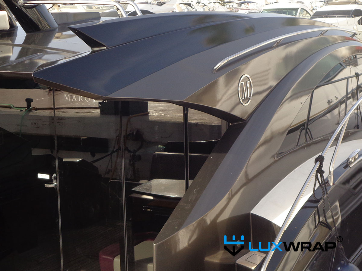 Completed smaller yacht superstructure wrap — clean lines and consistent finish throughout