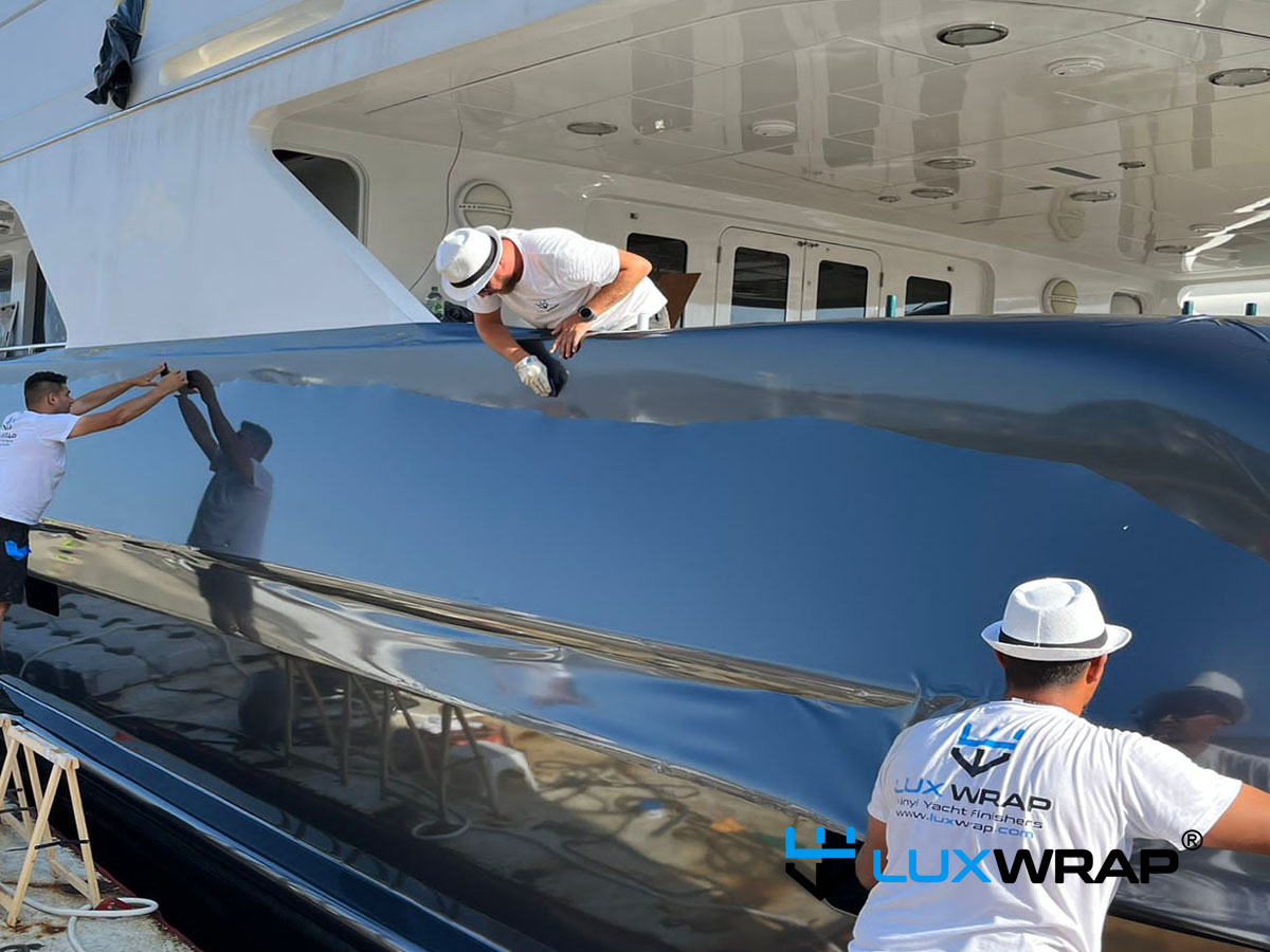 Superyacht hull surface prepared and ready for vinyl wrapping — clean, smooth substrate is essential for a flawless result