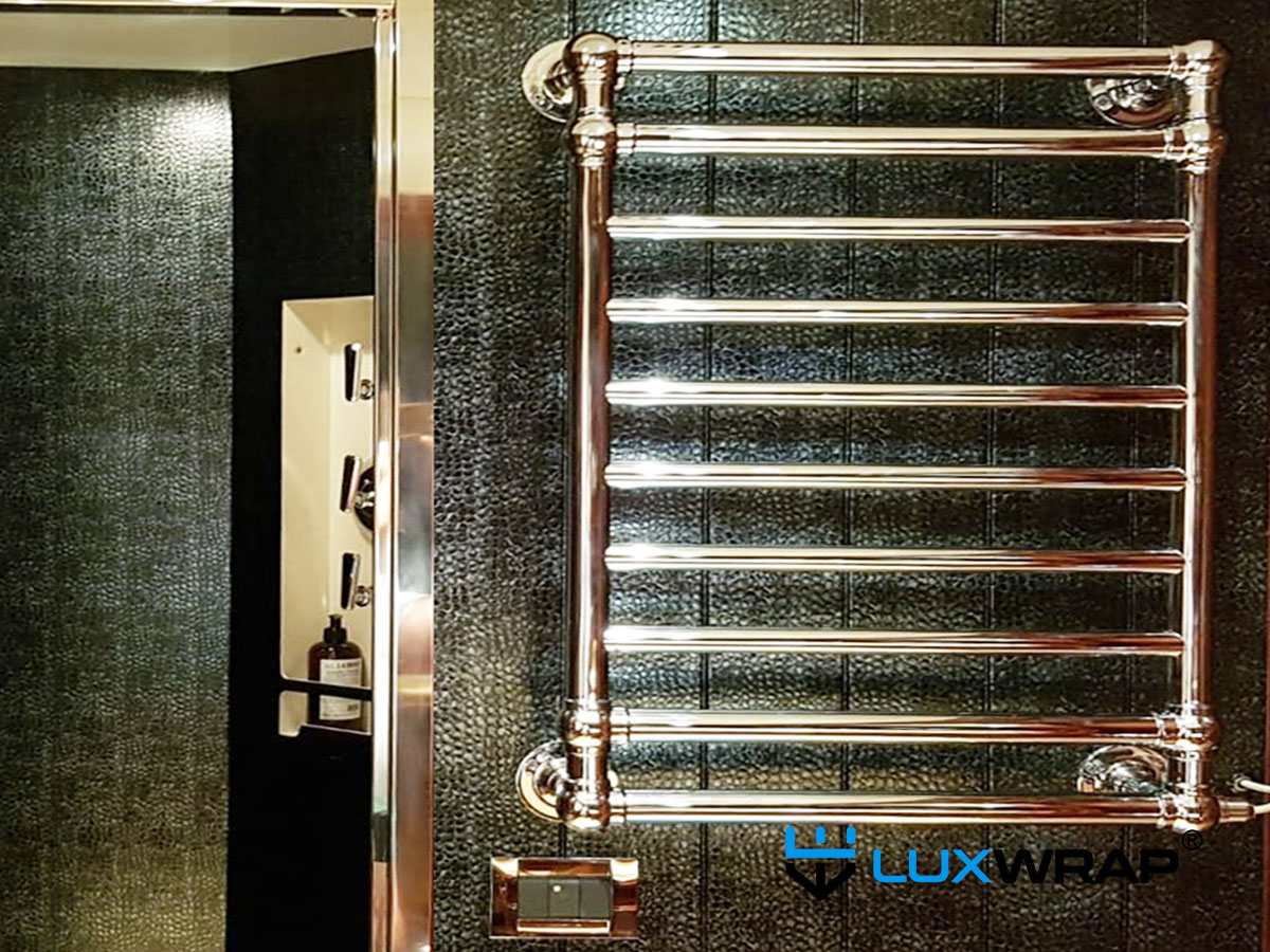 Yacht furniture wrapped with alligator skin effect vinyl — exotic finish achieved with architectural film by LuxWrap