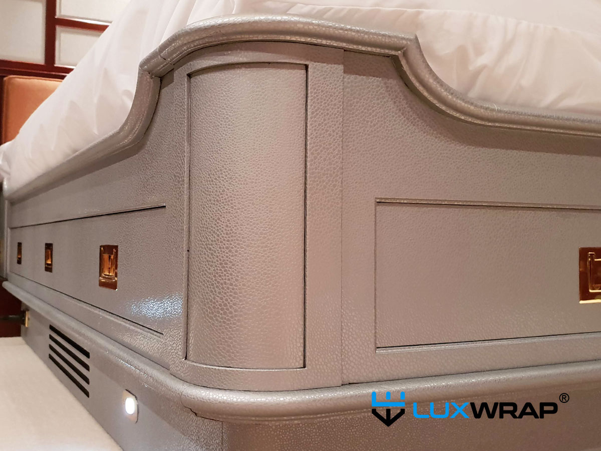 Yacht furniture fully wrapped with textured metallic silver vinyl architectural film by LuxWrap