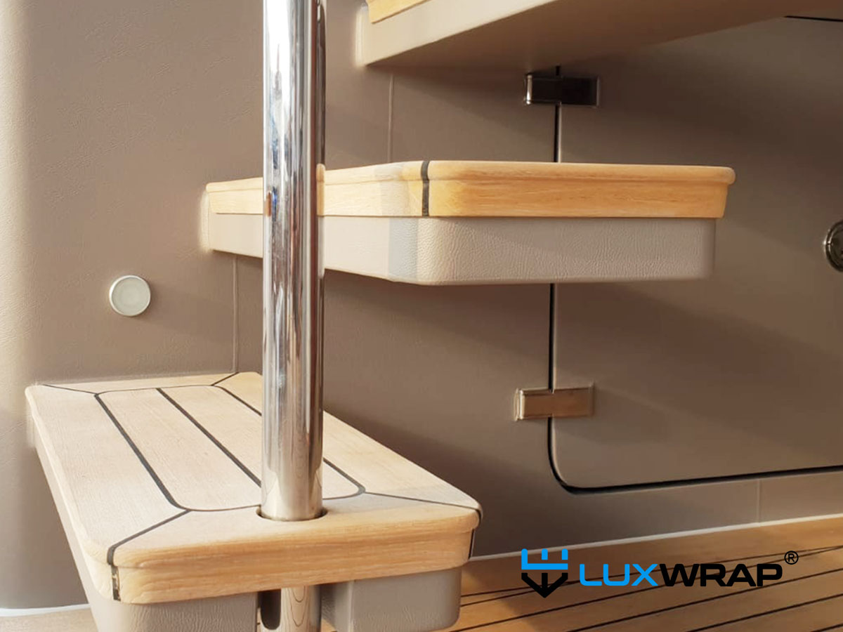 Textured architectural film used as an exterior accent on a superyacht — adding tactile contrast and visual interest